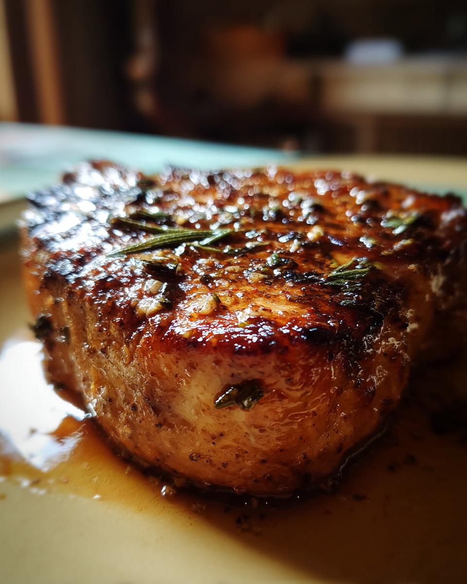 Close-up of a perfectly cooked pork chop, glistening with a herb marinade and rosemary sprigs.
