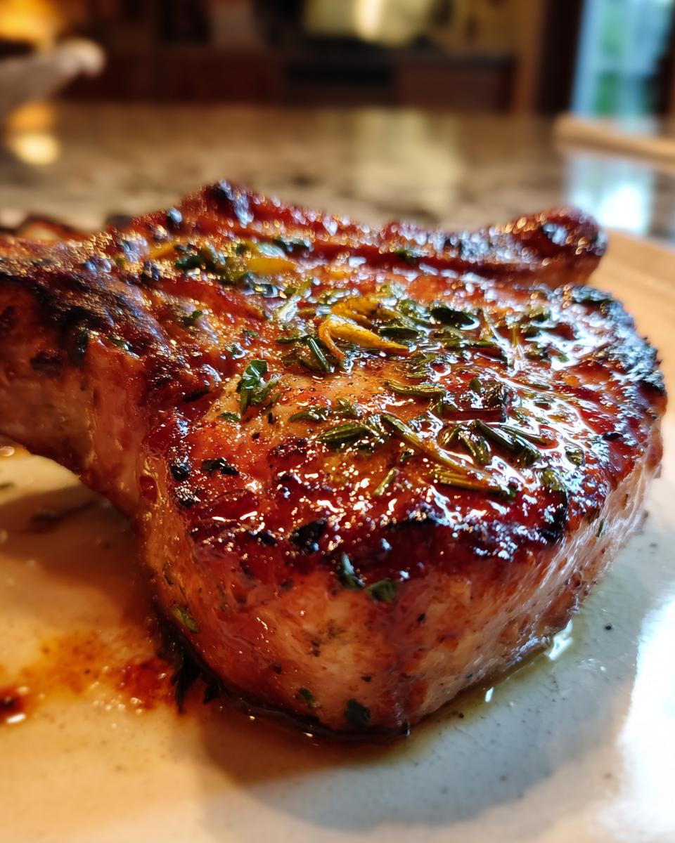 Close-up of a perfectly cooked pork chop with a rich, glossy marinade glaze and fresh herbs.