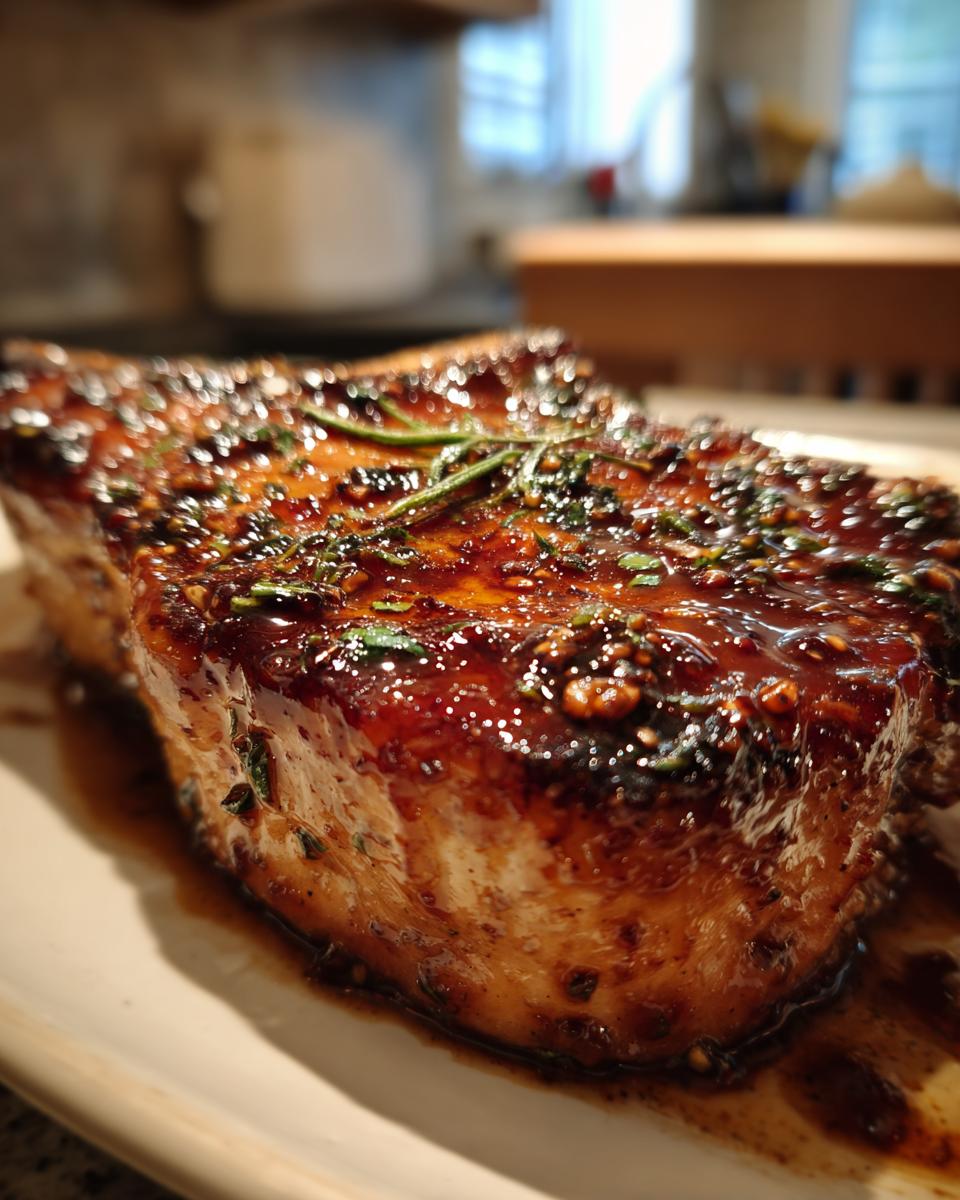 Close-up of a thick, juicy pork chop coated in a glossy marinade with visible herbs and spices.