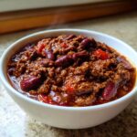 A close-up of a steaming bowl of delicious potluck chili, featuring ground beef, kidney beans, and red peppers.