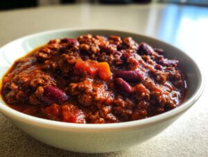 A close-up of a bowl filled with hearty potluck chili, featuring ground beef, kidney beans, and chunks of tomato.