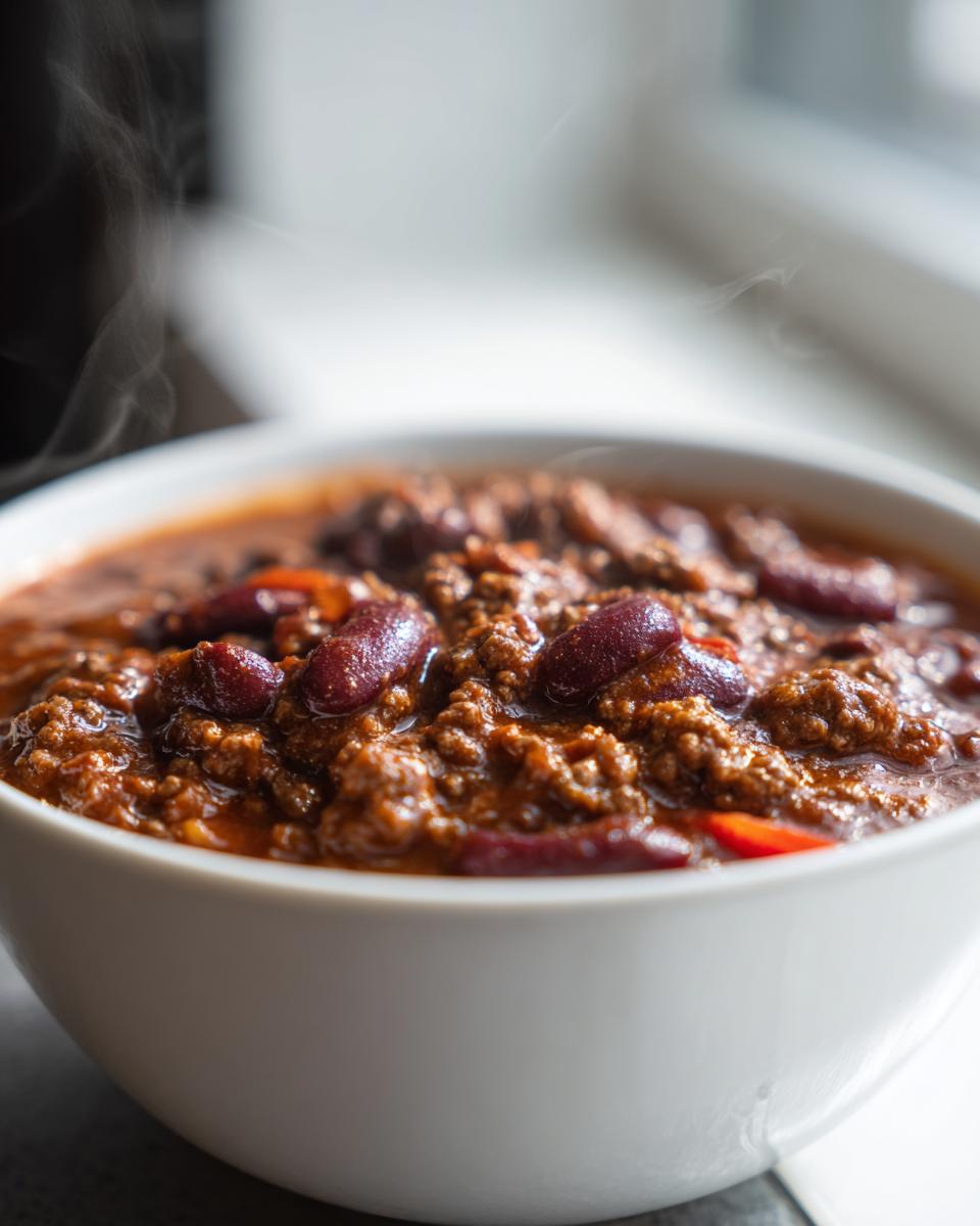 A steaming bowl of hearty potluck chili, featuring ground beef and kidney beans, served in a white bowl.