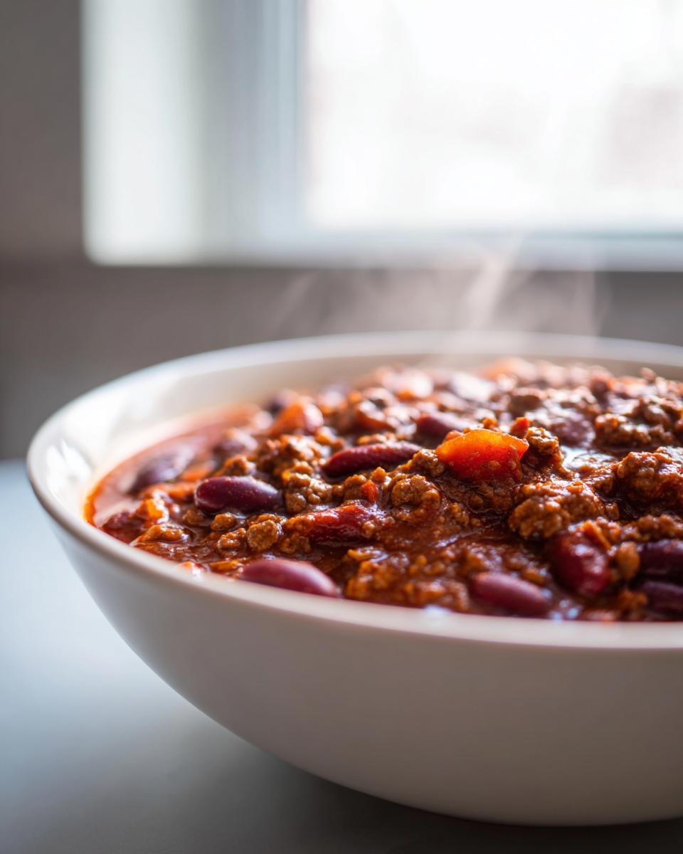 A close-up, steaming bowl of hearty potluck chili with kidney beans and ground beef.