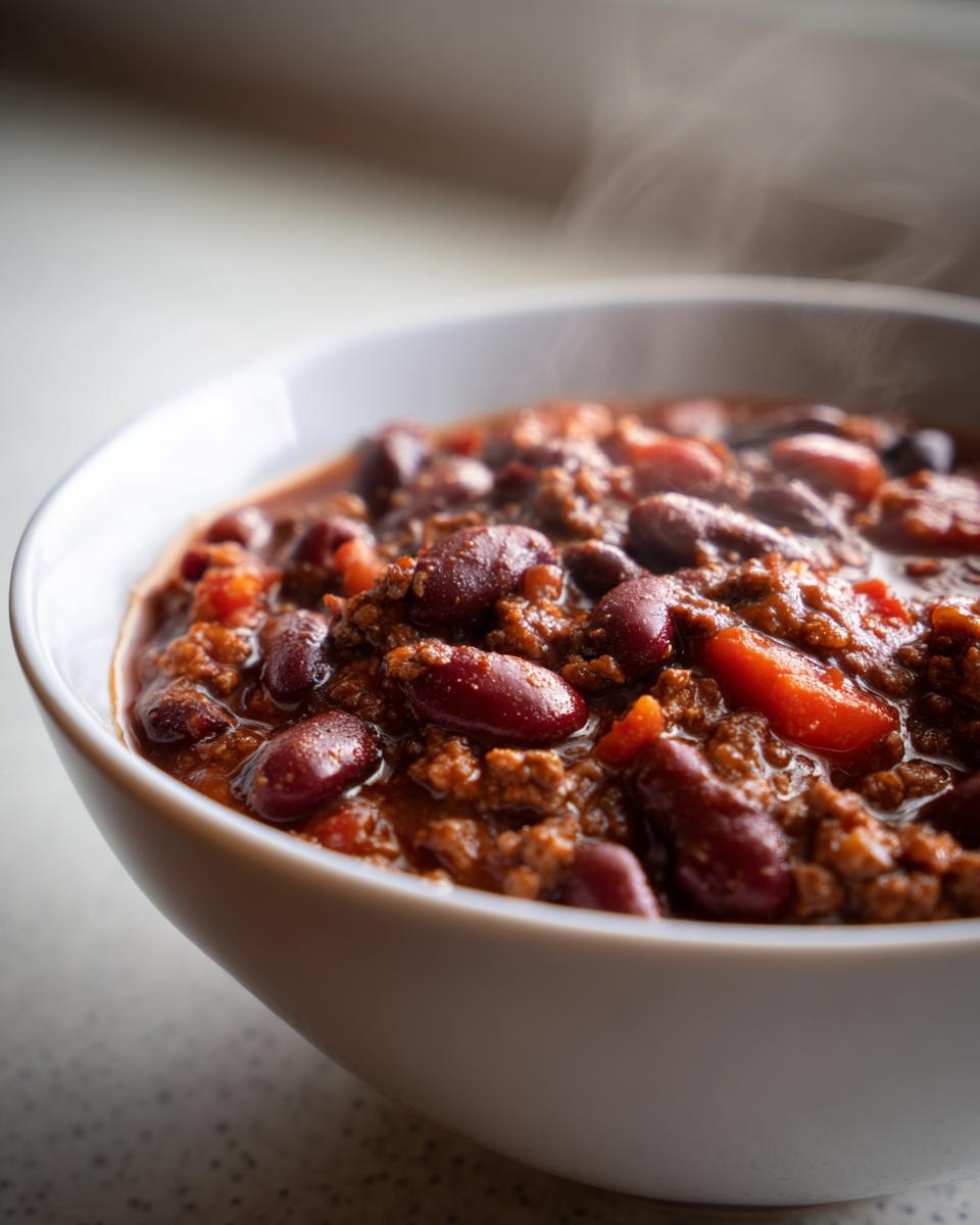 A close-up of a steaming bowl of hearty potluck chili, filled with ground beef, kidney beans, and rich tomato sauce.