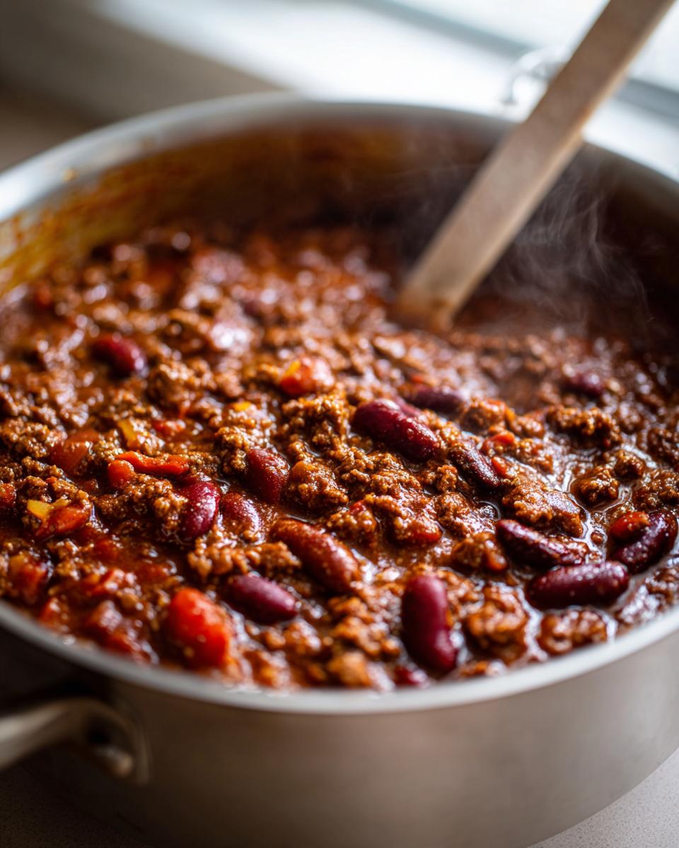 Close-up of steaming potluck chili with ground beef, kidney beans, and tomatoes, a wooden spoon inside.