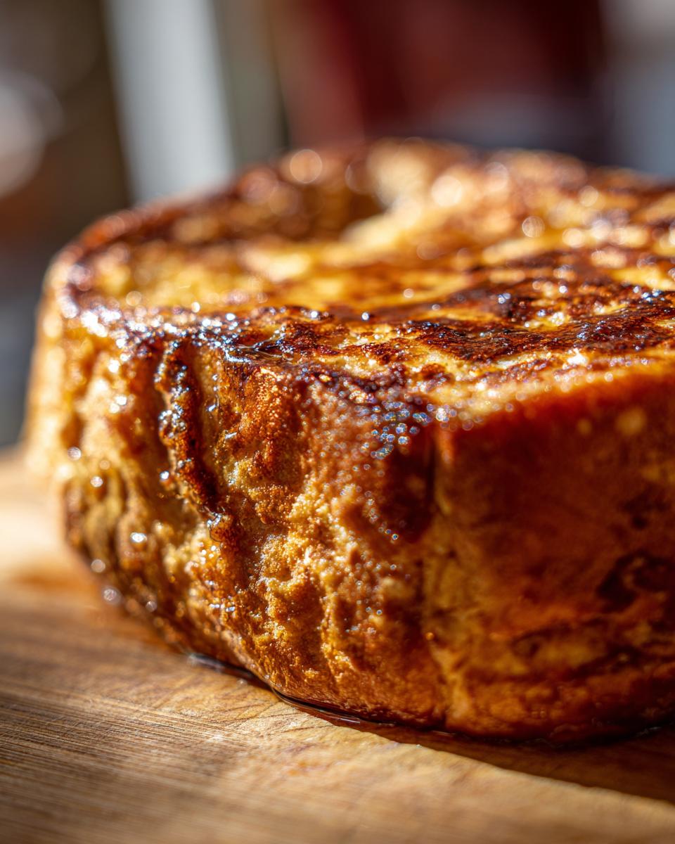 Close-up of a thick, golden-brown slice of protein french toast on a wooden board, glistening with syrup.