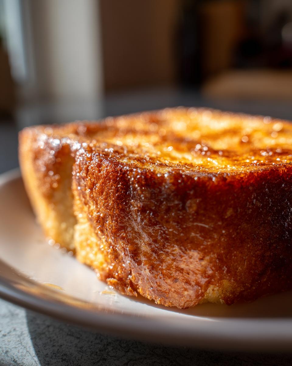 Close-up of a golden-brown protein french toast slice, glistening with syrup on a plate.