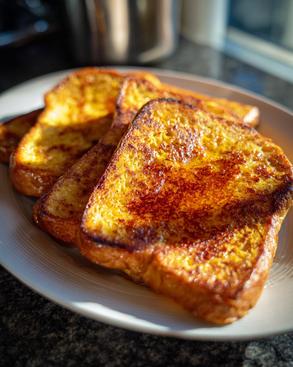 Close-up of golden-brown protein French toast slices on a white plate, lightly dusted with cinnamon.