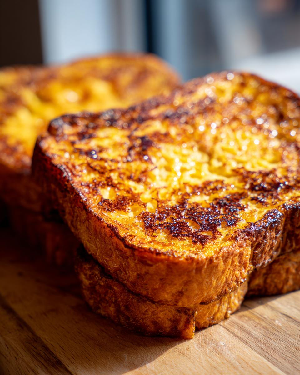 Close-up of two golden-brown slices of protein french toast stacked on a wooden board.