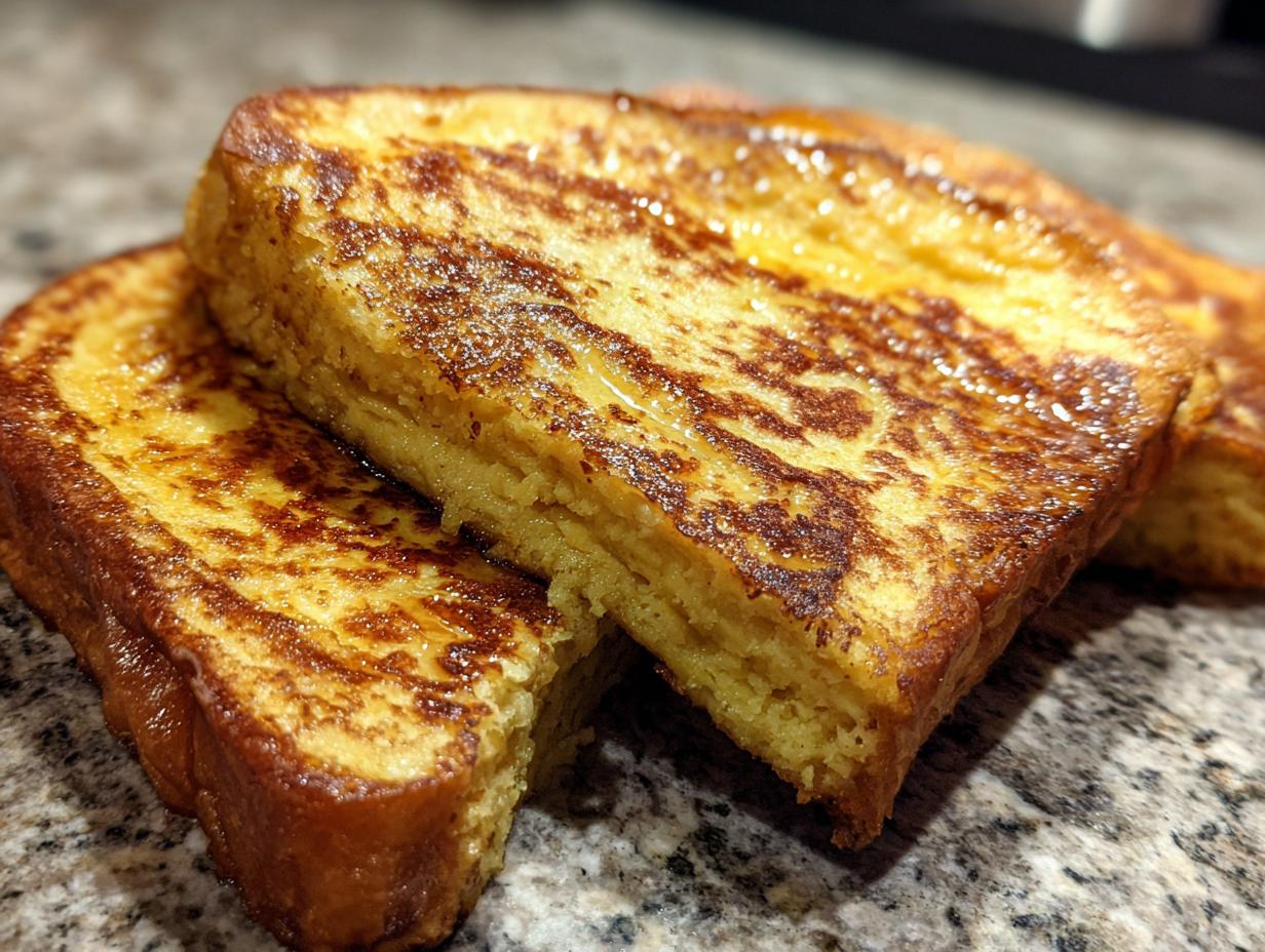 Close-up of two golden-brown slices of protein french toast, glistening with syrup.