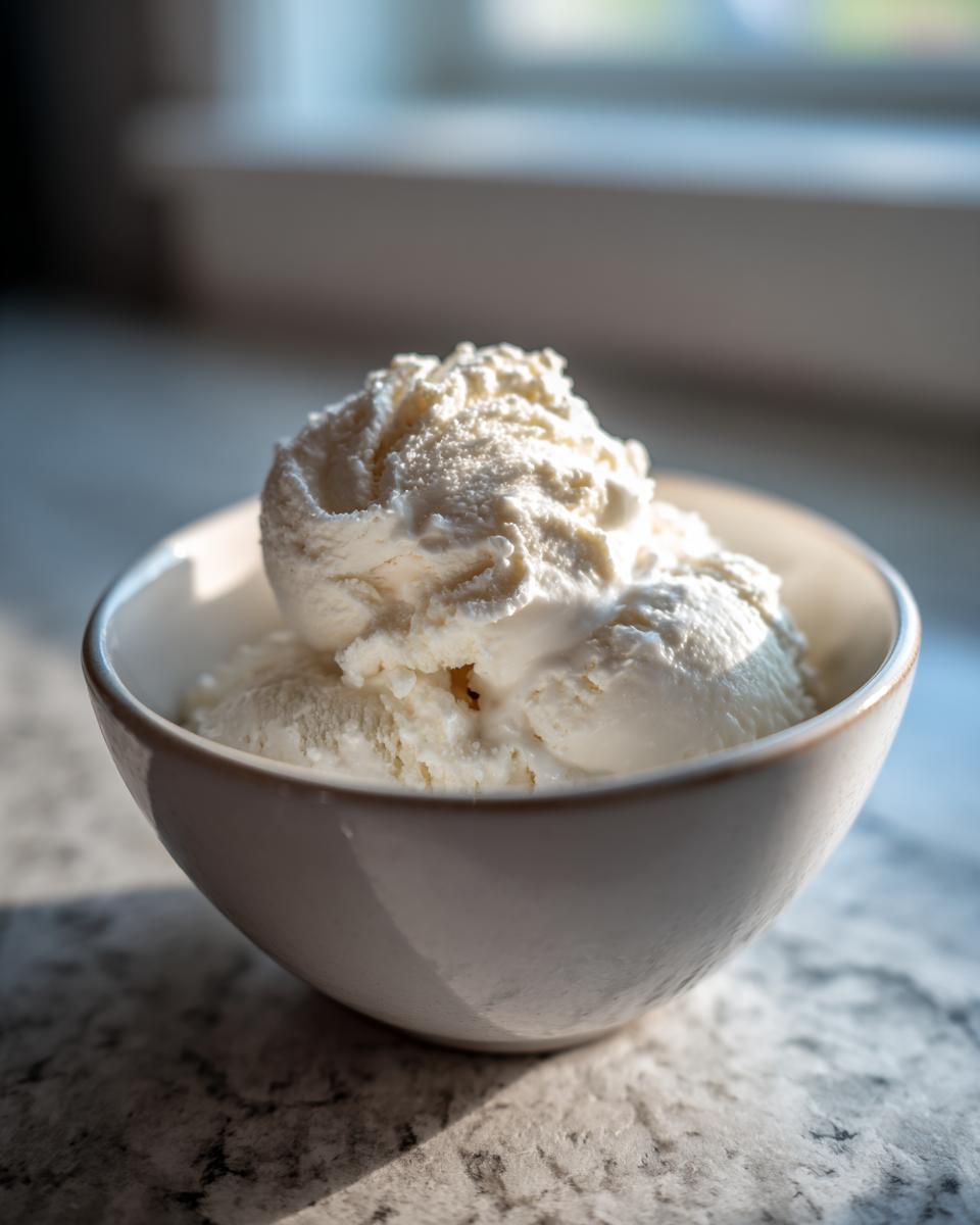 A white bowl filled with scoops of creamy protein ice cream, bathed in soft sunlight.