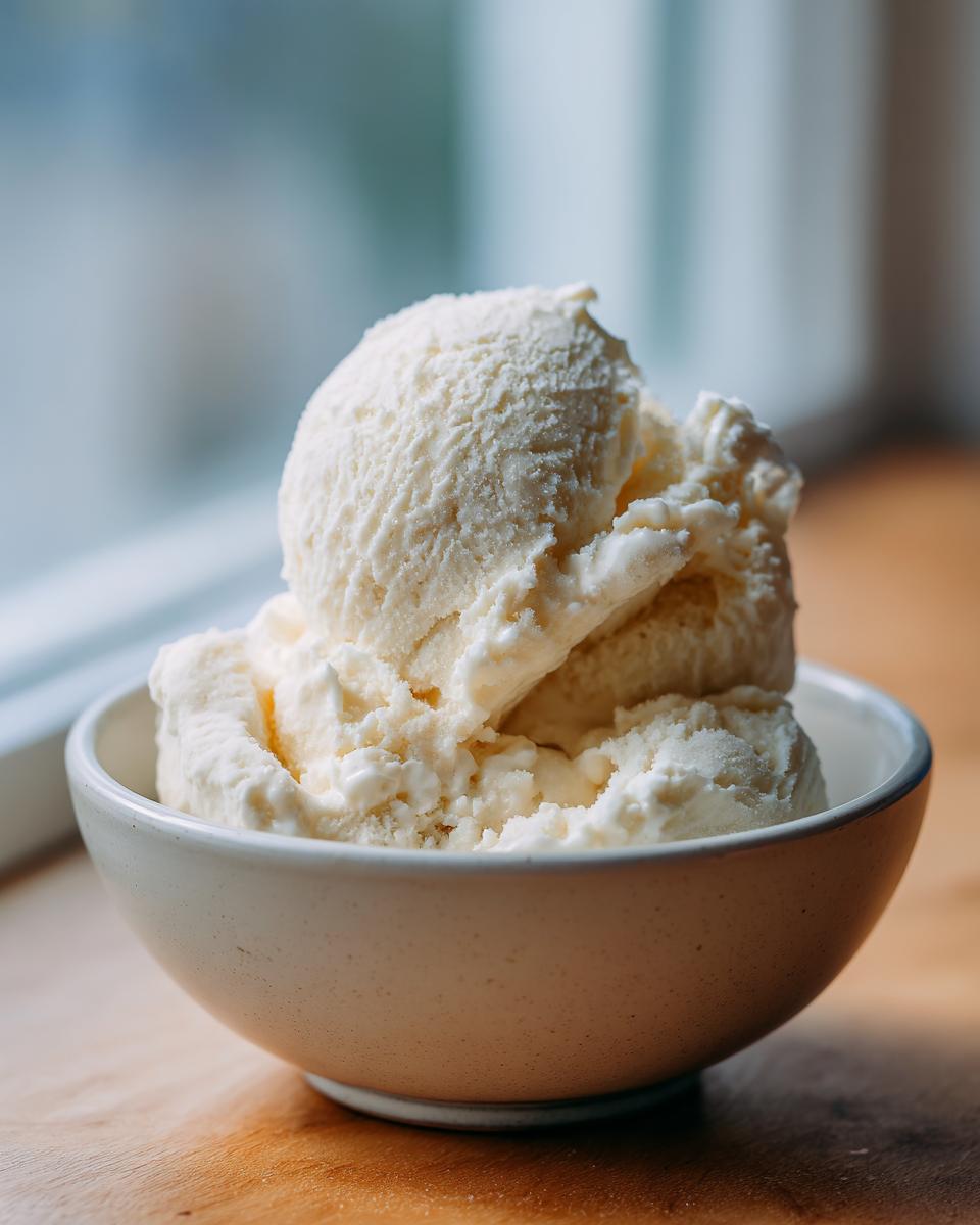 A white bowl filled with creamy scoops of vanilla protein ice cream.