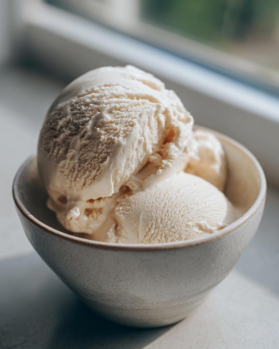 Close-up of creamy scoops of protein ice cream in a textured bowl, ready to be enjoyed.
