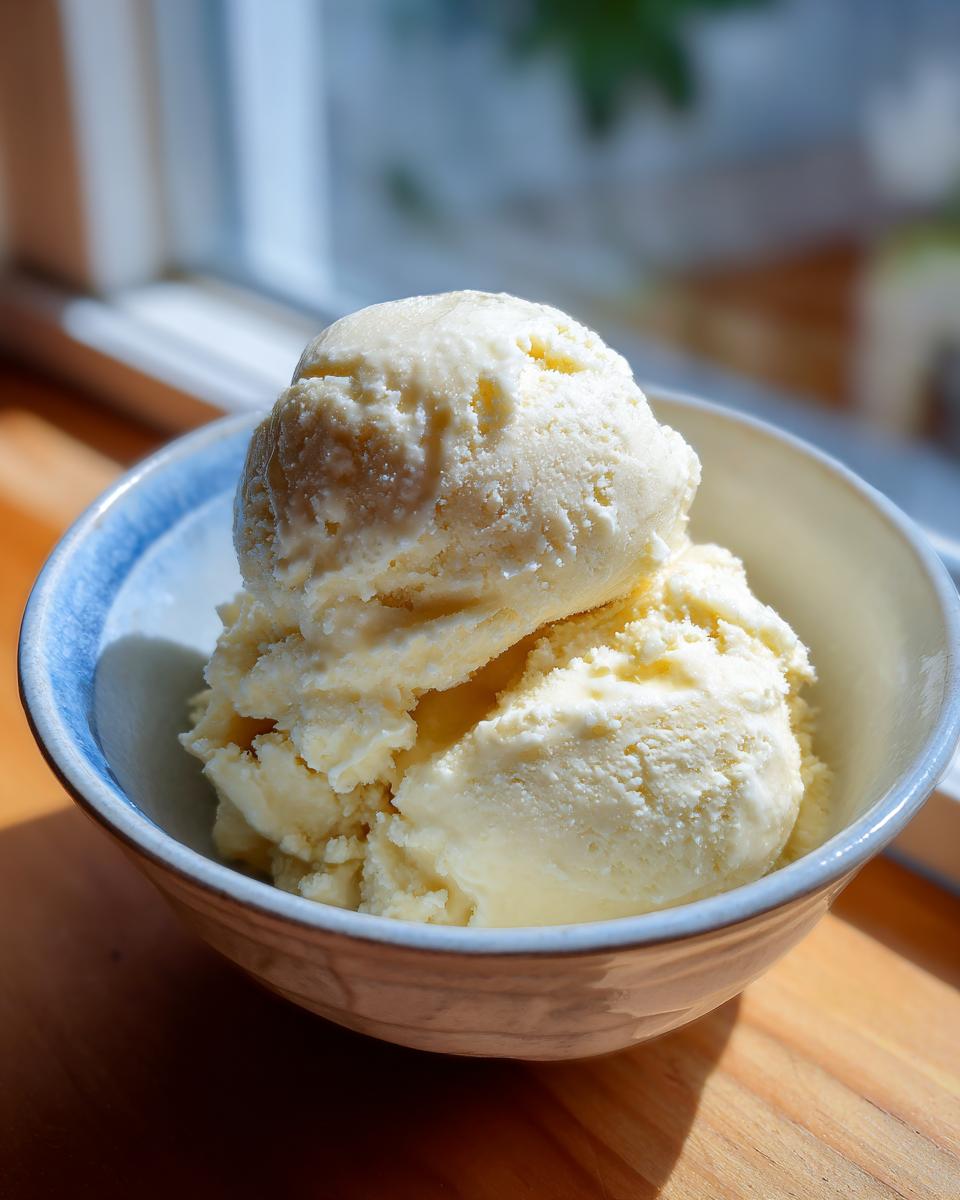 Two scoops of creamy vanilla protein ice cream in a light blue and white bowl.