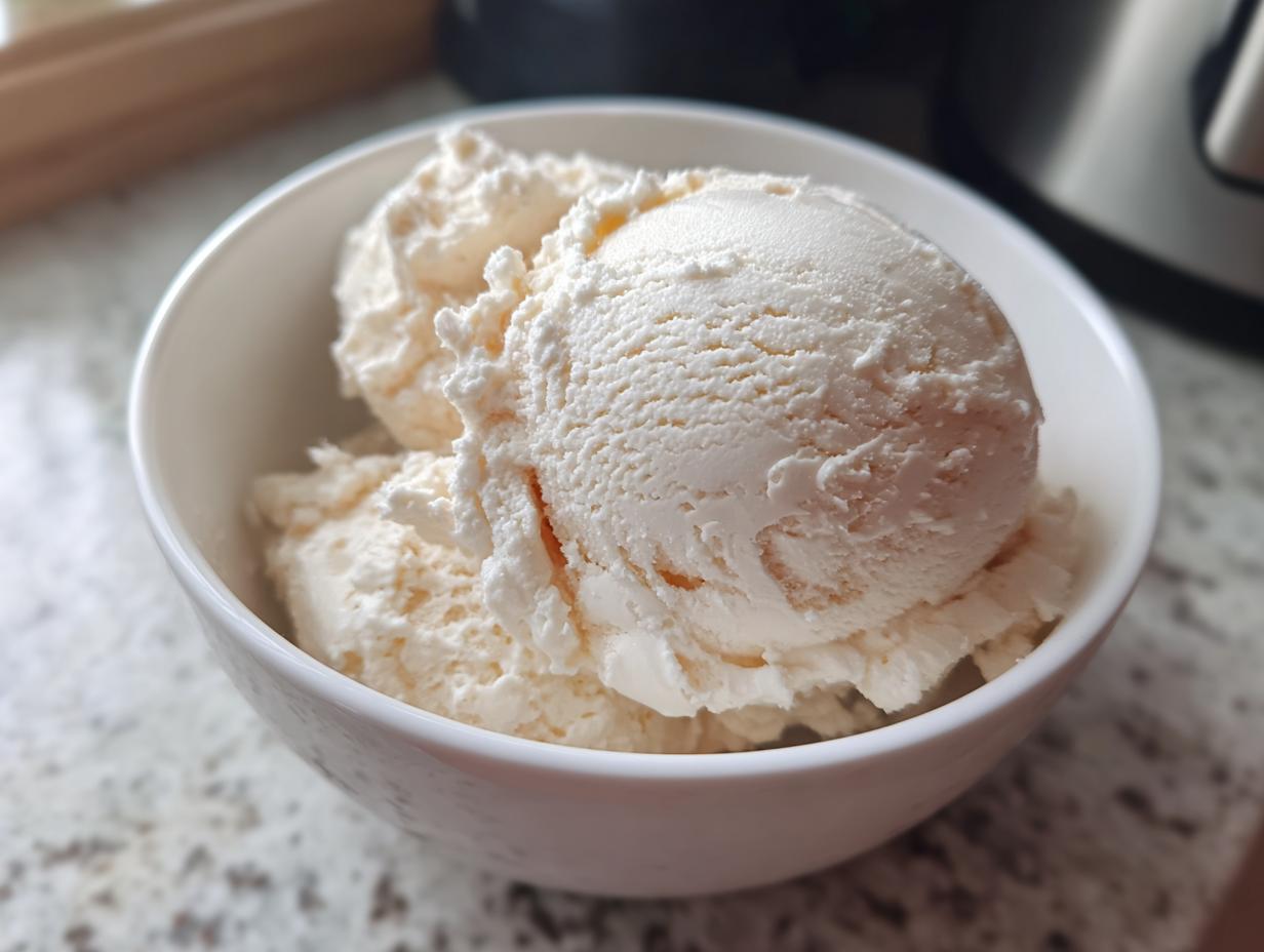 A close-up of a white bowl filled with scoops of creamy protein ice cream.