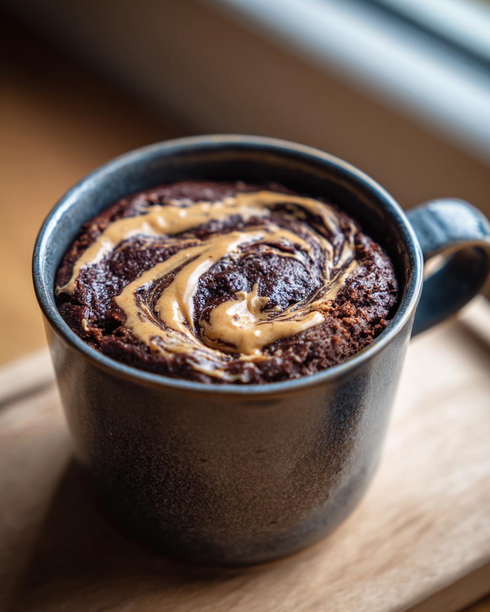 Close-up of a rich chocolate protein mug cake topped with a swirl of creamy peanut butter.