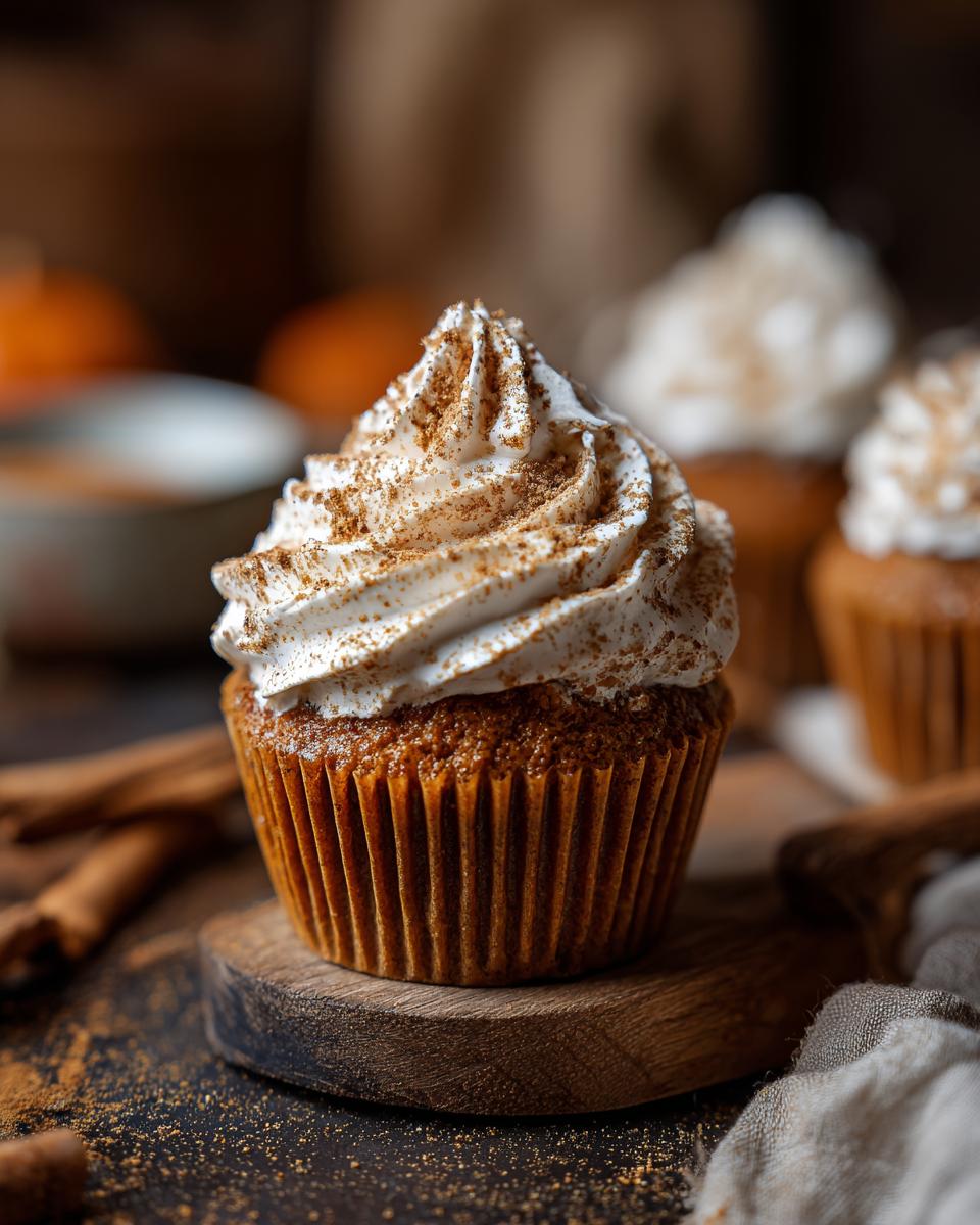 A close-up of a single pumpkin spice cupcake topped with fluffy white frosting and a sprinkle of cinnamon.