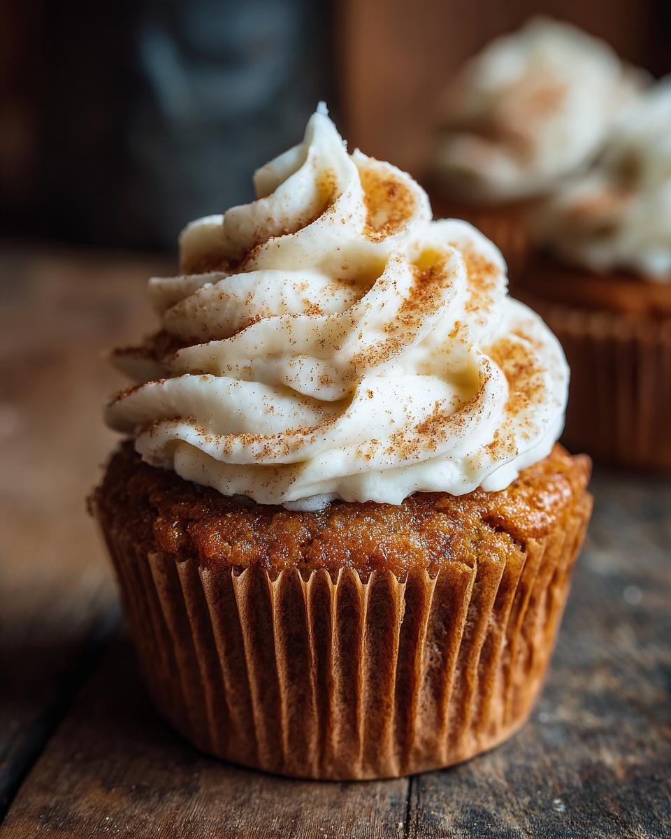 A close-up of a delicious pumpkin spice cupcake topped with swirls of cream cheese frosting and a sprinkle of cinnamon.