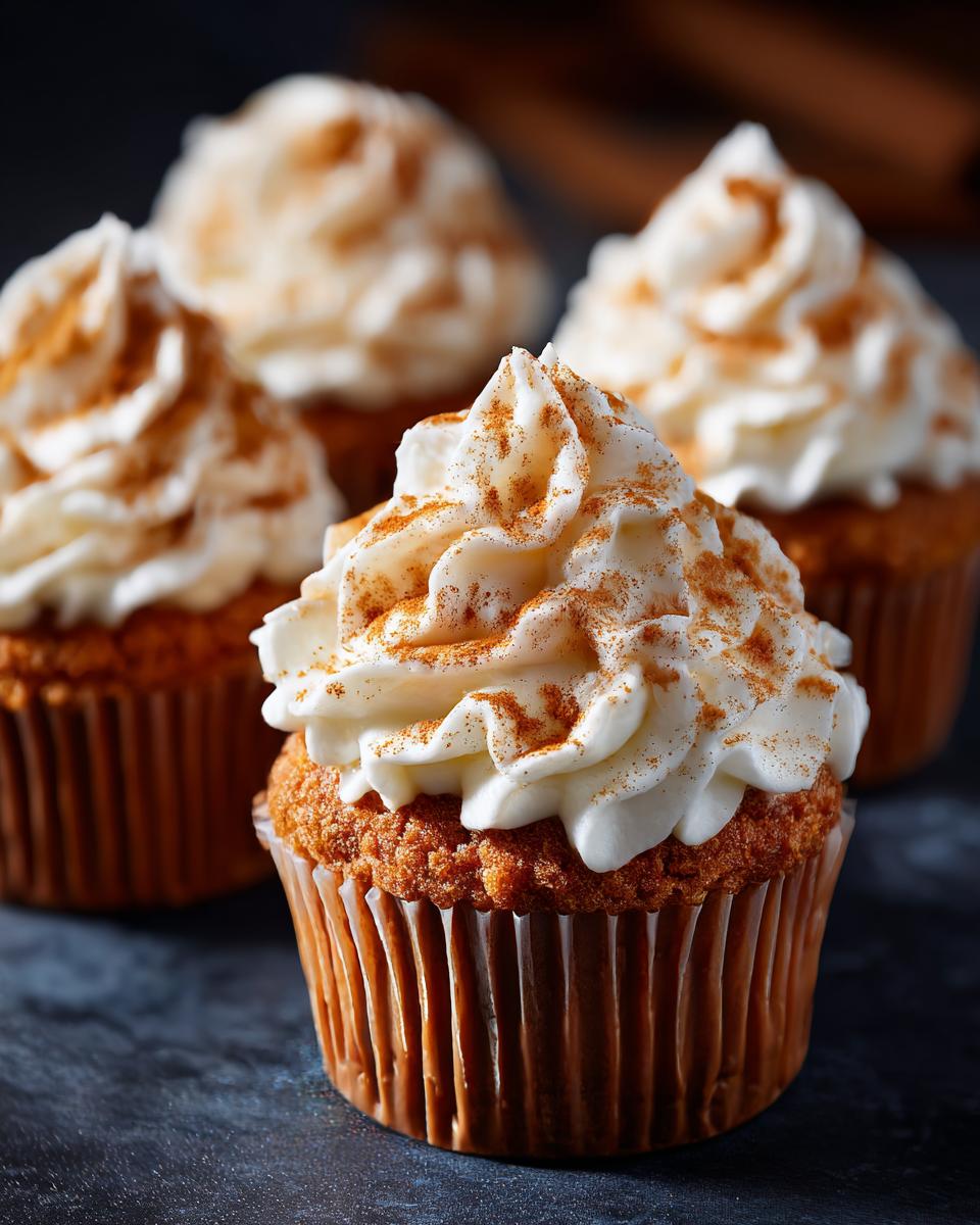 Close-up of a perfectly frosted pumpkin spice cupcake, dusted with cinnamon.