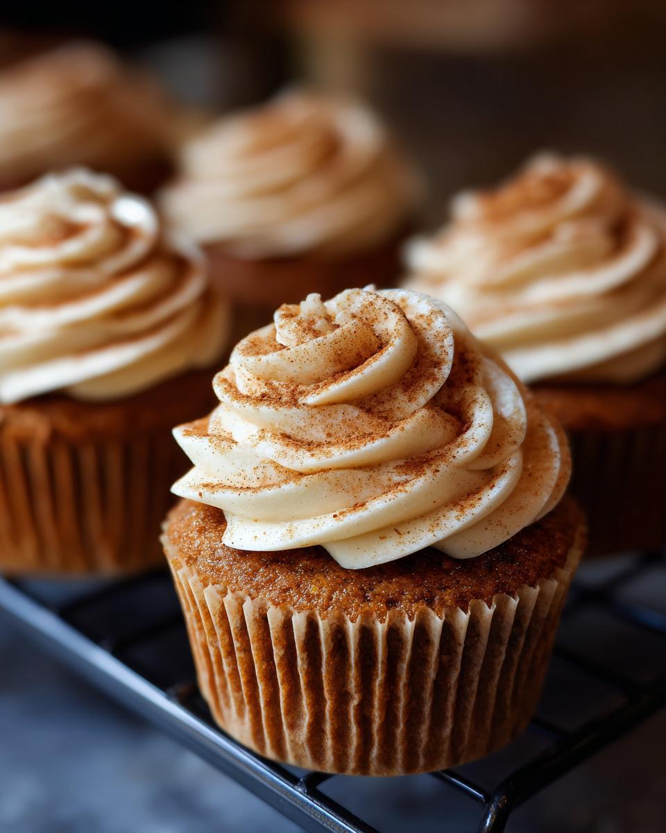 Close-up of a perfectly frosted pumpkin spice cupcake, dusted with cinnamon.