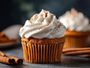 Close-up of a delicious pumpkin spice cupcake topped with fluffy white frosting and a sprinkle of cinnamon.