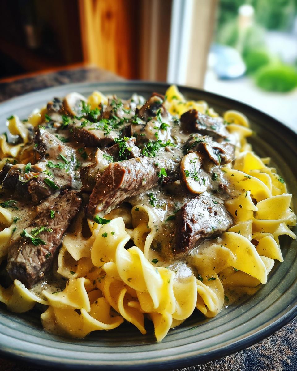 A close-up of a bowl of quick beef stroganoff served over wide egg noodles, garnished with parsley.