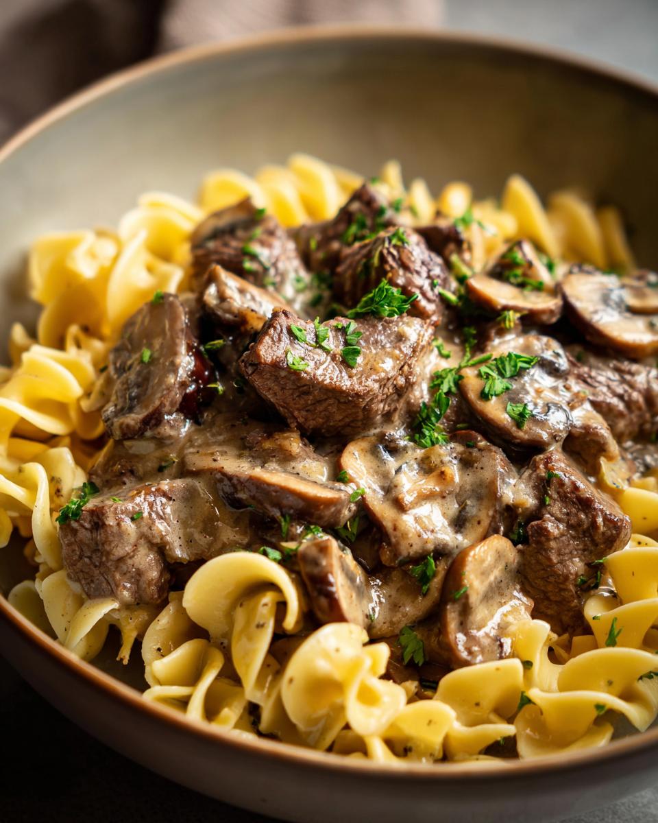 A close-up of a bowl of quick beef stroganoff served over egg noodles, topped with mushrooms and parsley.