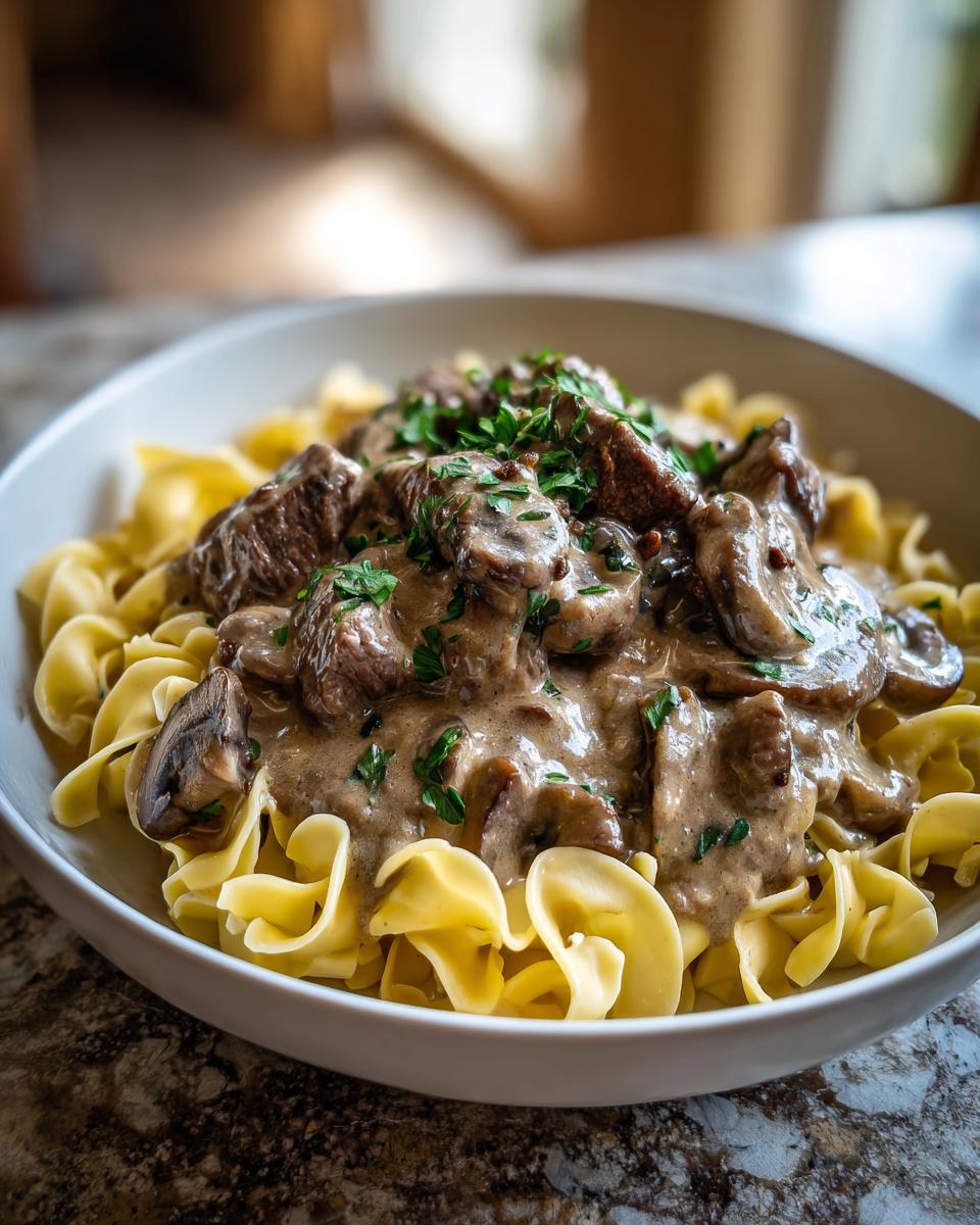 A close-up of a bowl of quick beef stroganoff served over egg noodles, topped with fresh parsley.