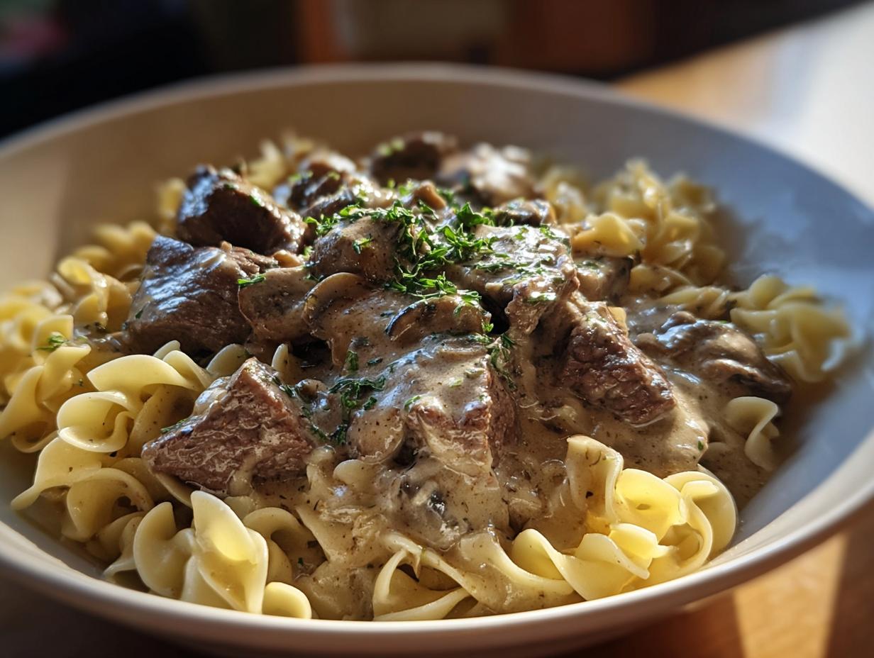 A hearty bowl of quick beef stroganoff served over wide egg noodles, garnished with fresh parsley.
