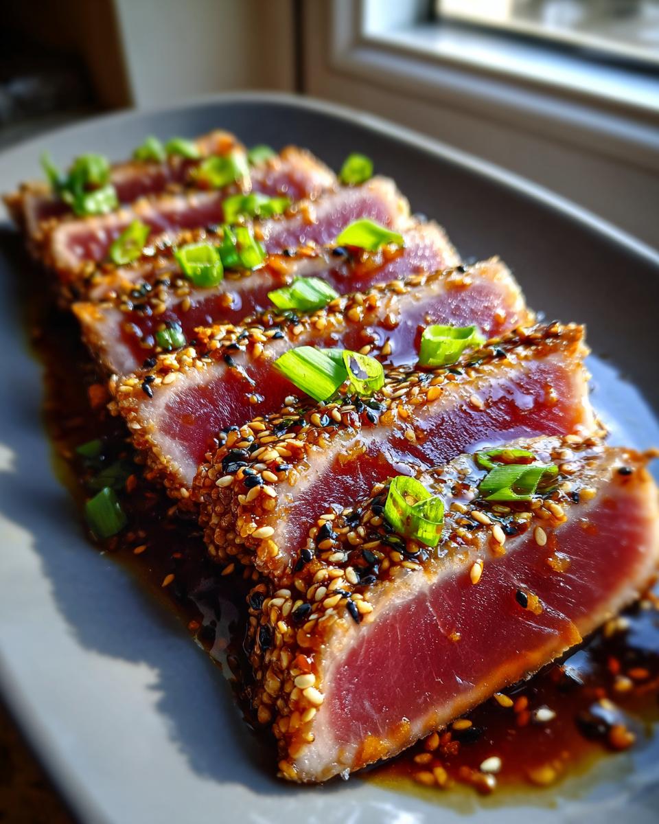 Close-up of perfectly seared ahi tuna slices coated in sesame seeds and drizzled with sauce, garnished with chopped green onions.