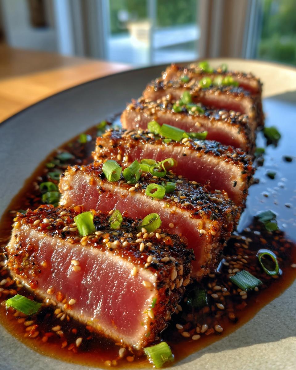 Close-up of perfectly seared ahi tuna slices, coated in sesame seeds and spices, served in a savory sauce.