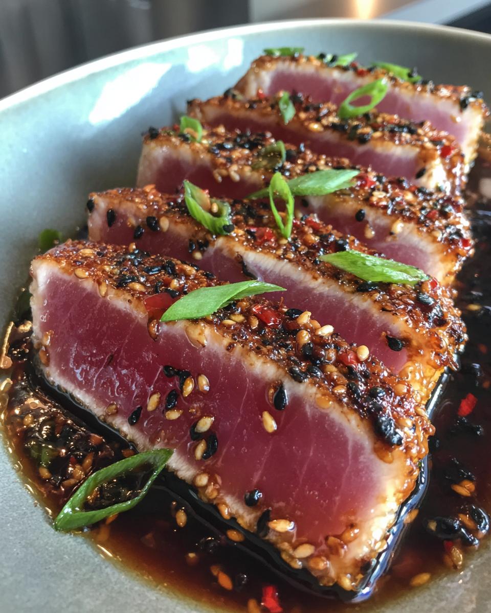 Close-up of perfectly seared ahi tuna slices coated in sesame seeds and spices, served in a savory sauce.