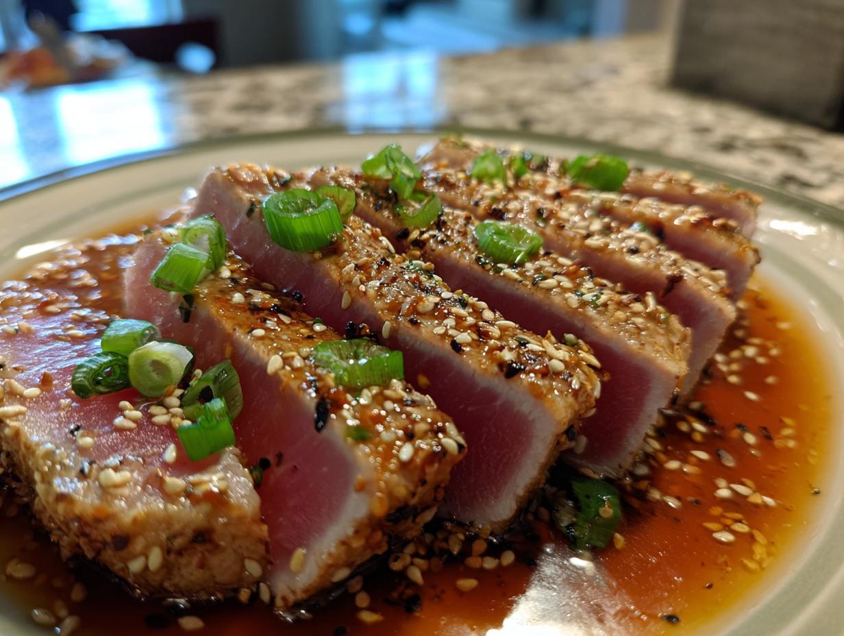 Close-up of perfectly seared ahi tuna slices coated in sesame seeds and green onions, served in a savory sauce.