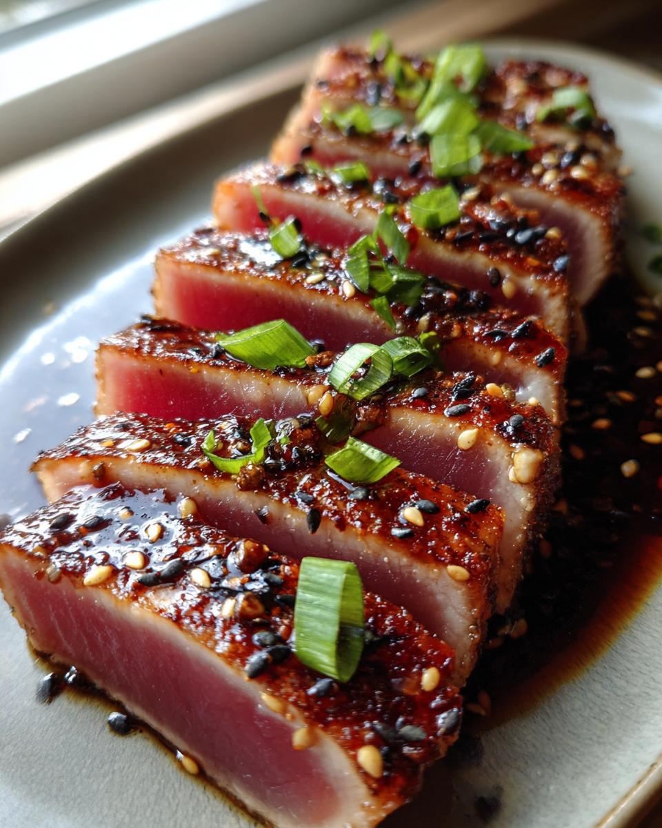 Close-up of perfectly seared ahi tuna slices, coated in a glossy sauce with sesame seeds and topped with fresh green scallions.