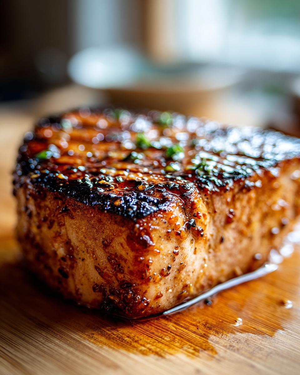 Close-up of a thick, seared tuna steak coated in a glossy marinade and sprinkled with fresh herbs.