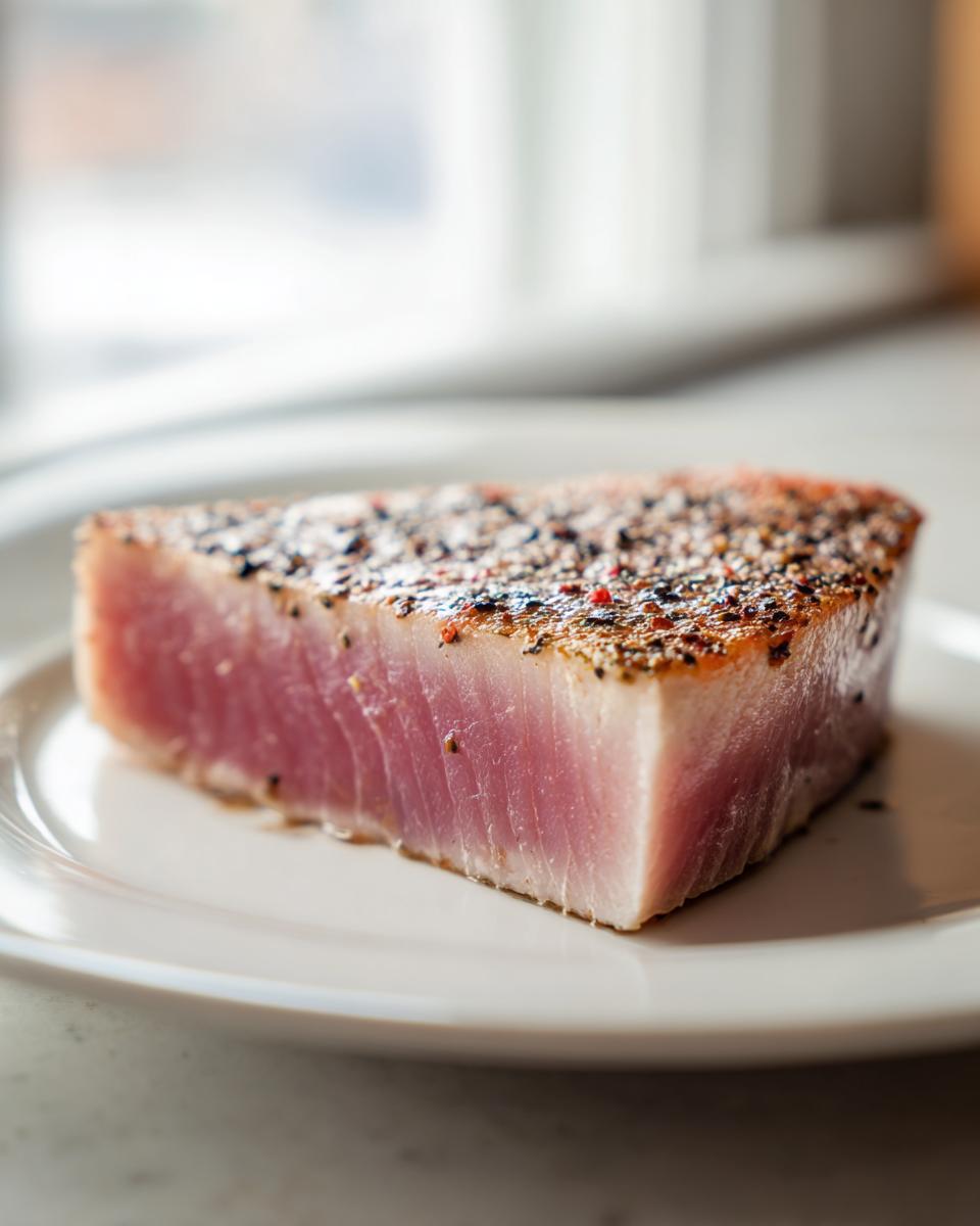 A thick, perfectly seared tuna steak with a cracked peppercorn crust, served on a white plate.