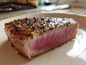 A close-up of a perfectly seared tuna steak, seasoned with herbs and spices, served on a white plate.
