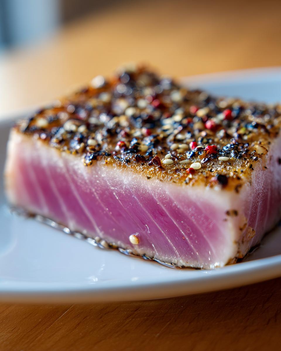 Close-up of a perfectly seared tuna steak with a colorful peppercorn crust, showcasing its vibrant pink interior.