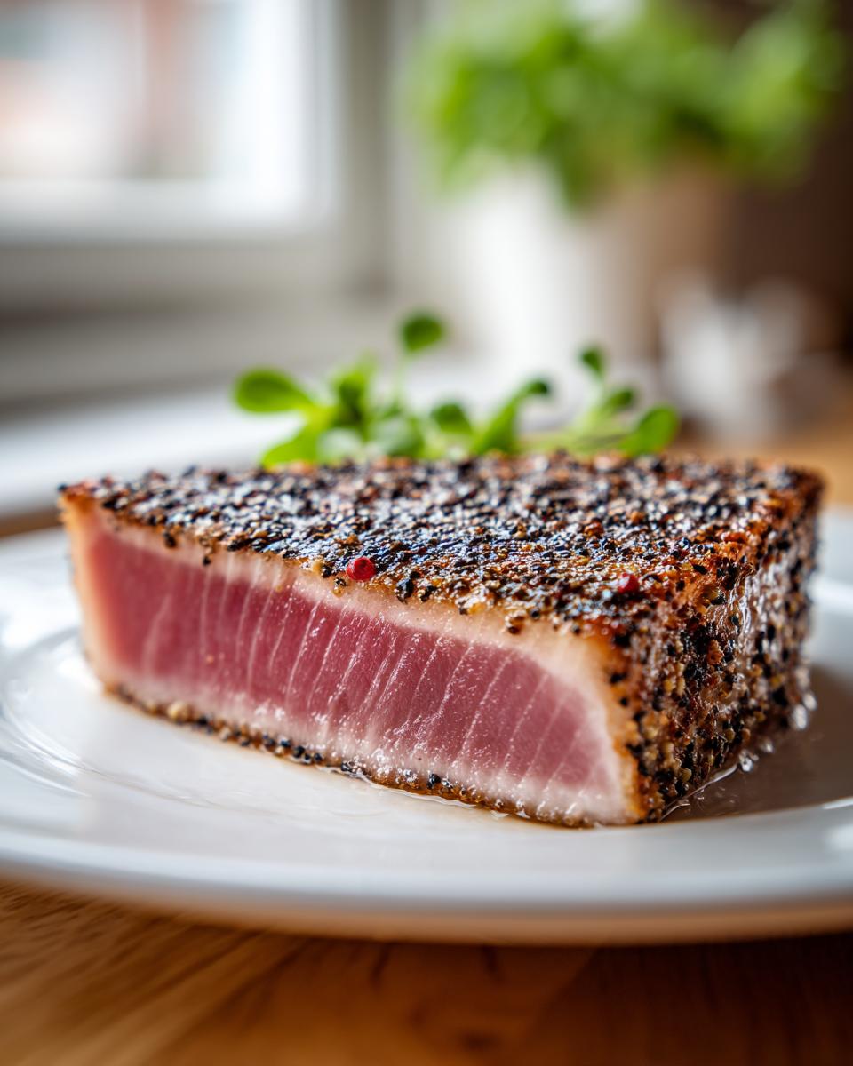 A perfectly seared tuna steak, crusted with peppercorns, resting on a white plate with a sprig of greens.