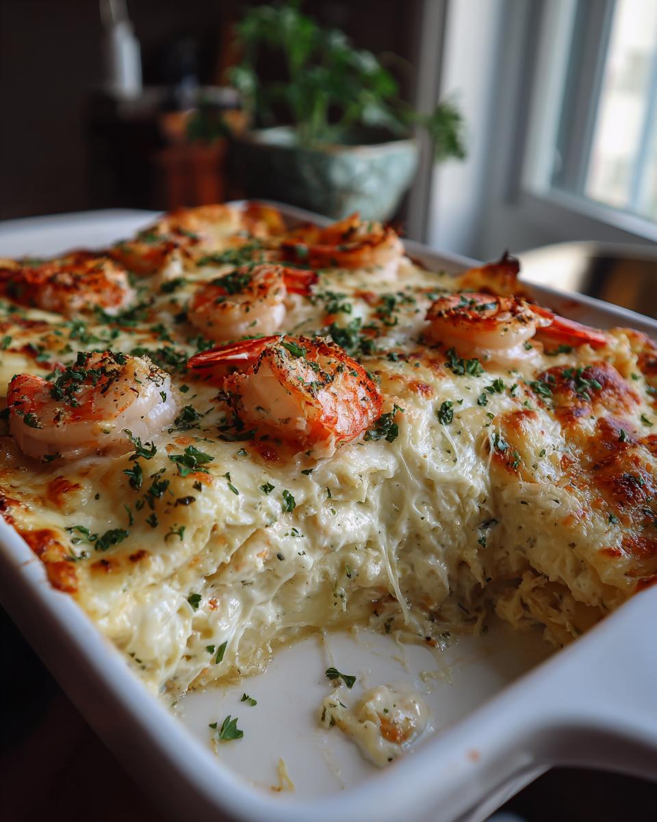 A close-up of a creamy shrimp crab lasagna topped with whole shrimp and fresh parsley, with a slice removed to show the cheesy layers.