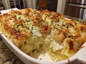 A close-up of a freshly baked shrimp crab lasagna in a white baking dish, topped with melted cheese and parsley.