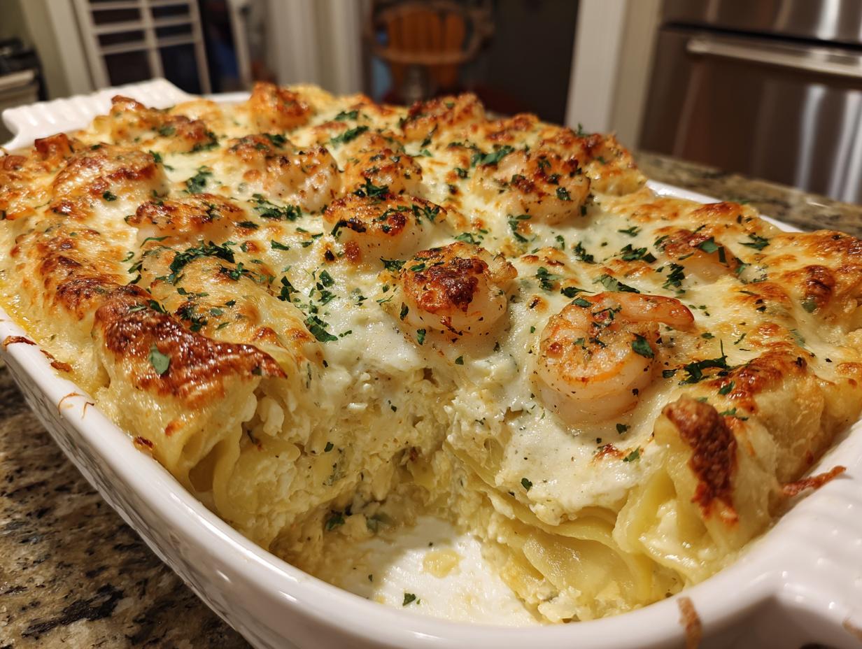 A close-up of a freshly baked shrimp crab lasagna in a white baking dish, topped with melted cheese and parsley.