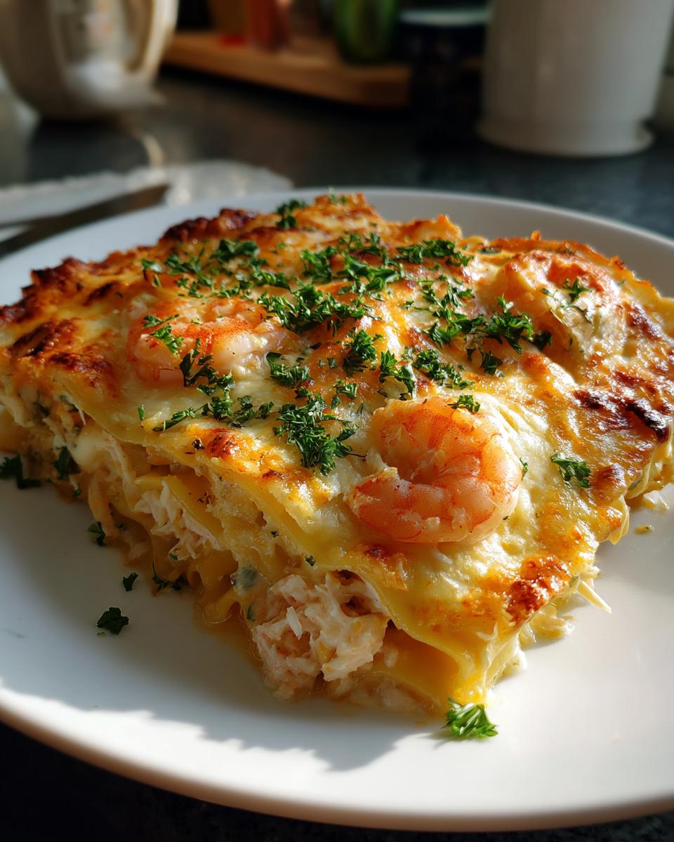A delicious slice of shrimp crab lasagna, topped with melted cheese, whole shrimp, and fresh parsley.
