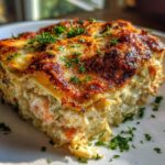 A delicious slice of shrimp crab lasagna, showing layers of pasta, creamy filling, shrimp, and crab, topped with melted cheese and parsley.