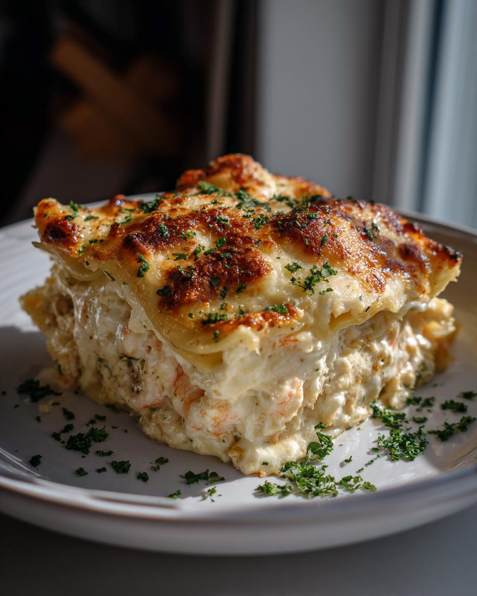 A generous slice of shrimp crab lasagna featuring layers of pasta, creamy sauce, shrimp, and crab, topped with melted golden cheese and parsley.