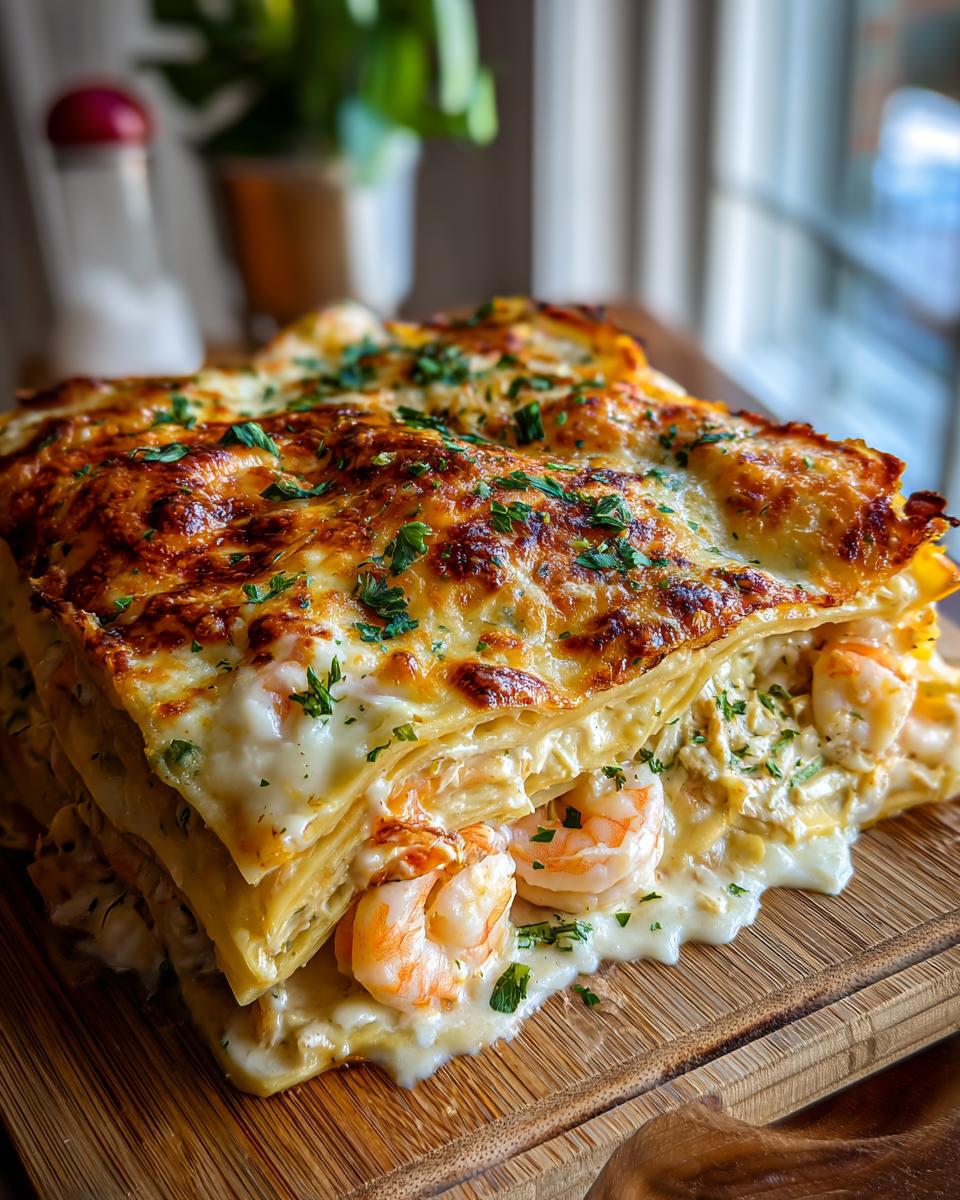 A generous slice of shrimp crab lasagna with layers of pasta, creamy sauce, shrimp, and golden cheese topping.