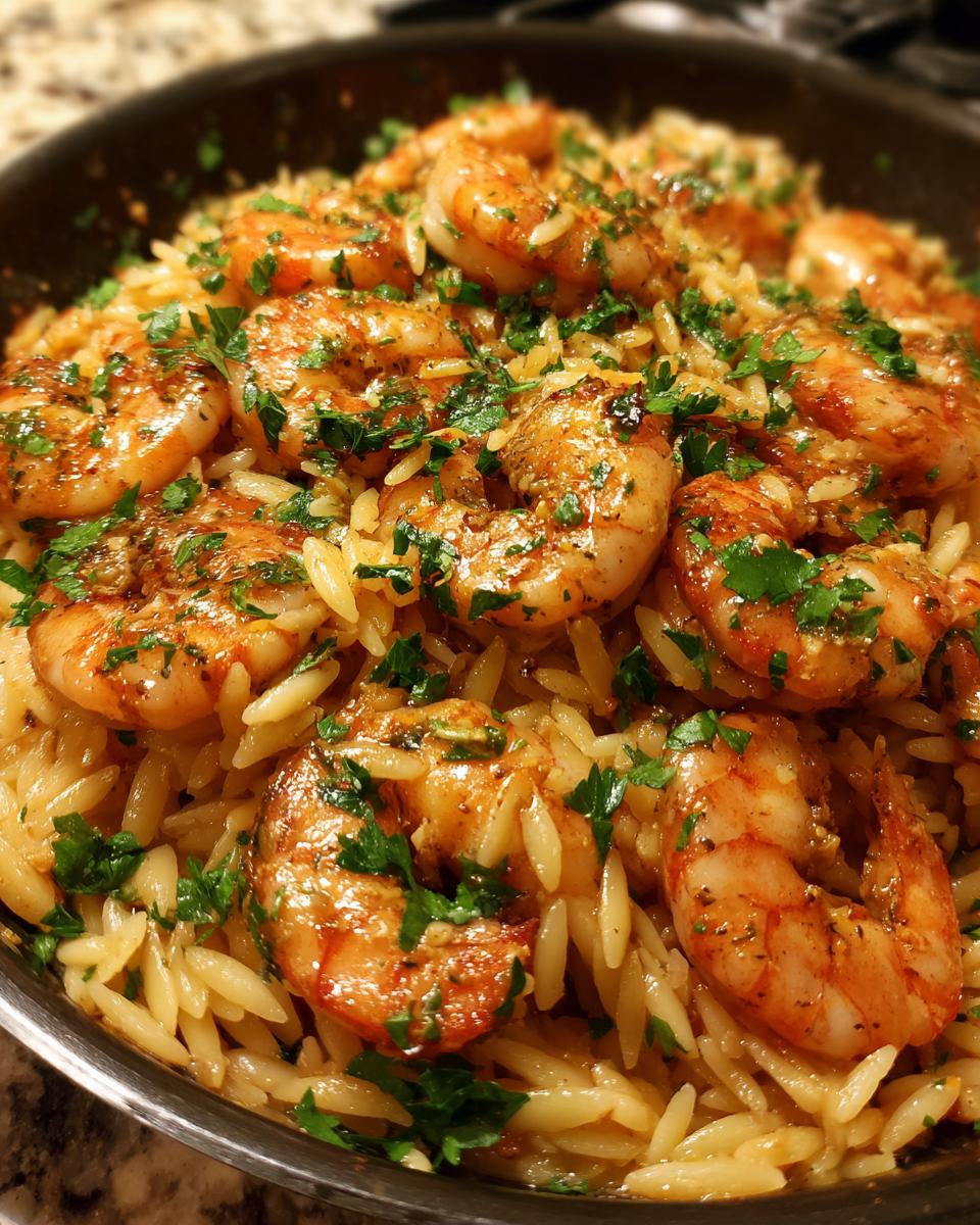 Close-up of delicious shrimp orzo in lemon garlic sauce, garnished with fresh parsley.