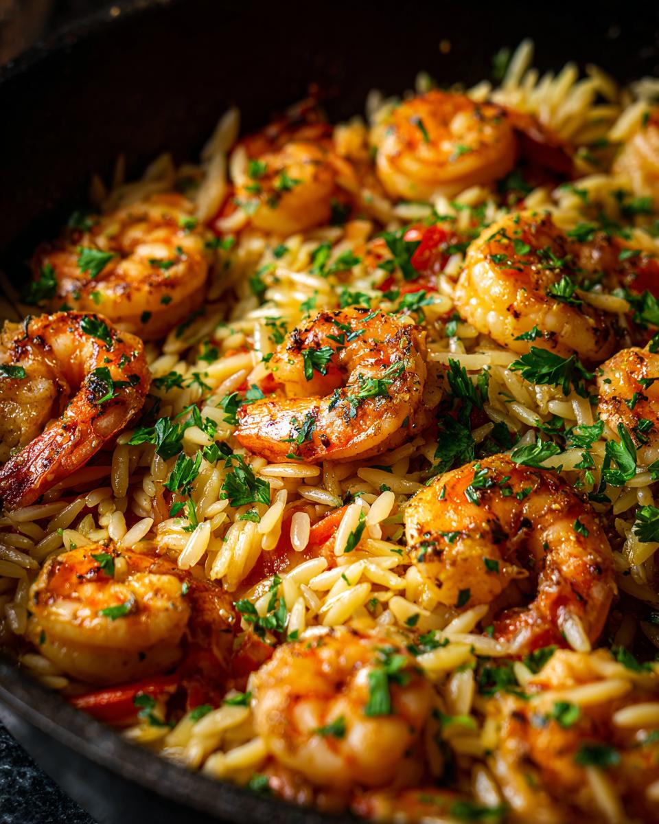 Close-up of delicious shrimp orzo in a lemon garlic sauce, garnished with fresh parsley.