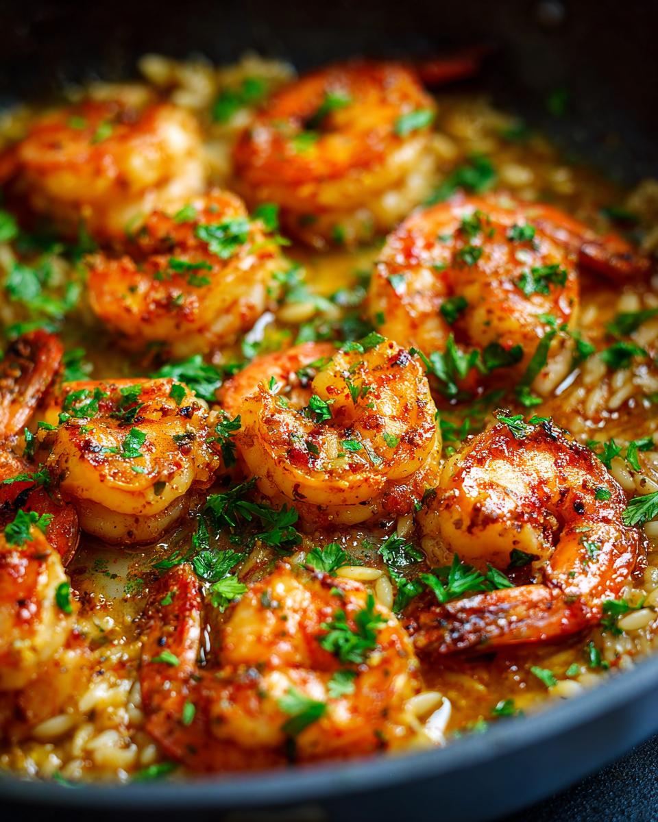 Close-up of succulent shrimp cooked in a rich lemon garlic sauce with orzo pasta, garnished with fresh parsley.