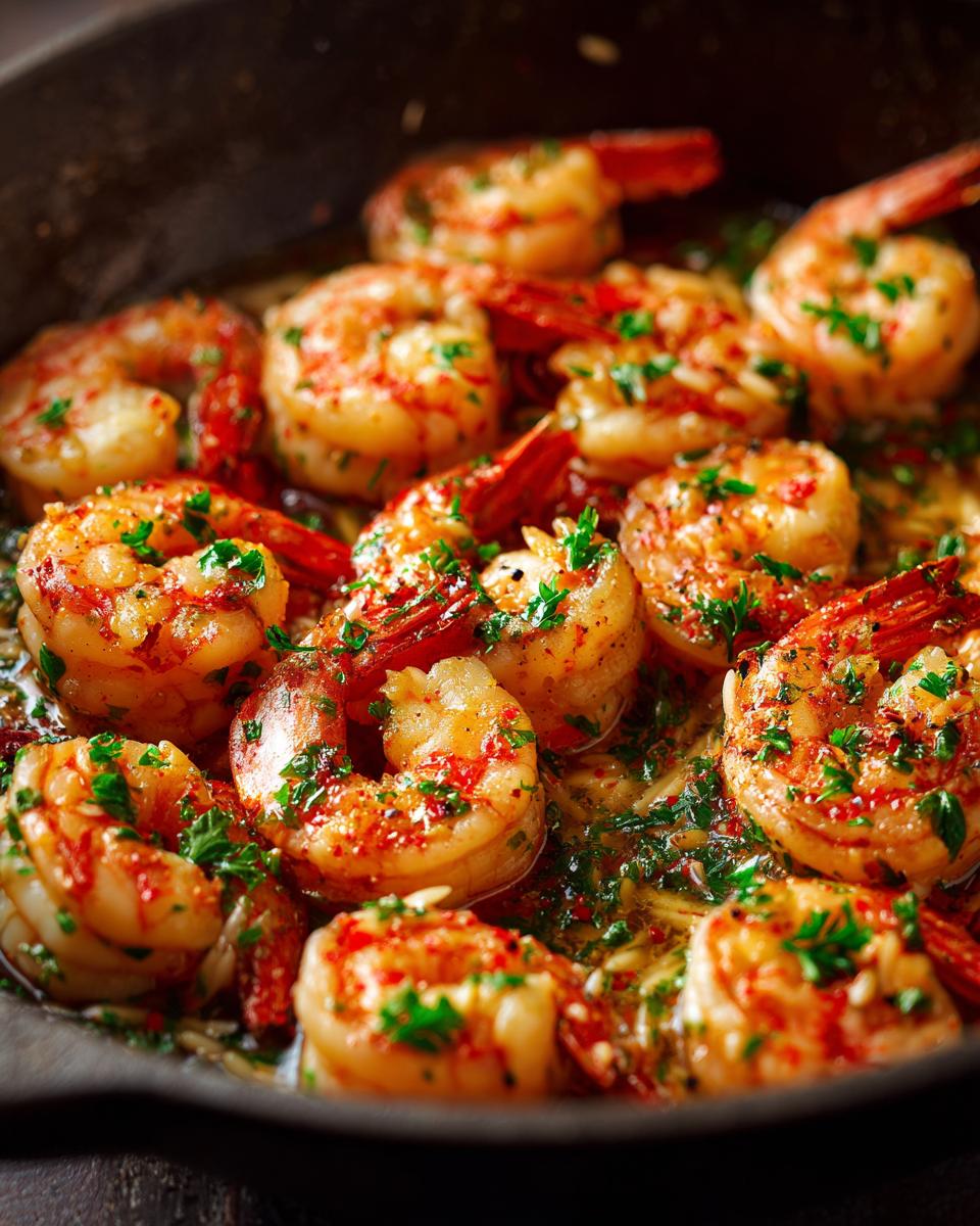 Close-up of succulent shrimp cooked in a flavorful lemon garlic sauce, garnished with fresh parsley.